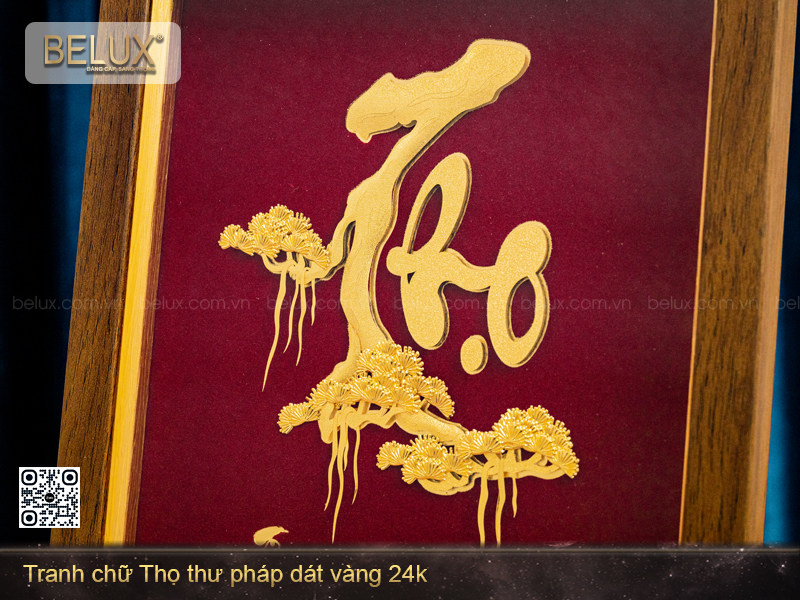 Tranh chữ Thọ thư pháp dát vàng 24k - 32x25cm